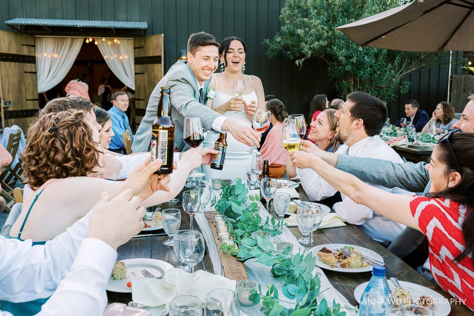 Wedding couple celebrating with their guests