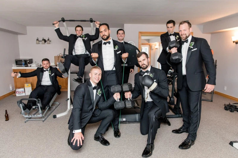 Groomsmen hanging out in the Estate's Gym